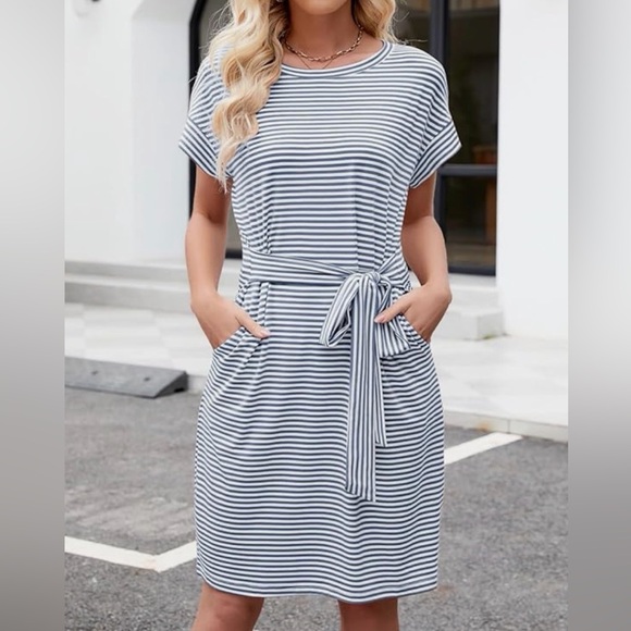 Merokeety Dresses & Skirts - Striped Tie-Waist Casual Dress in Navy and White